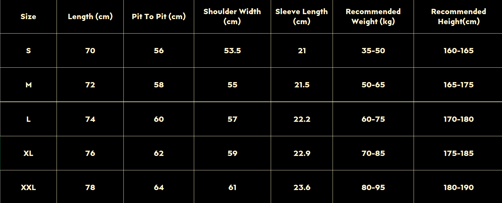 Shirt Size Chart